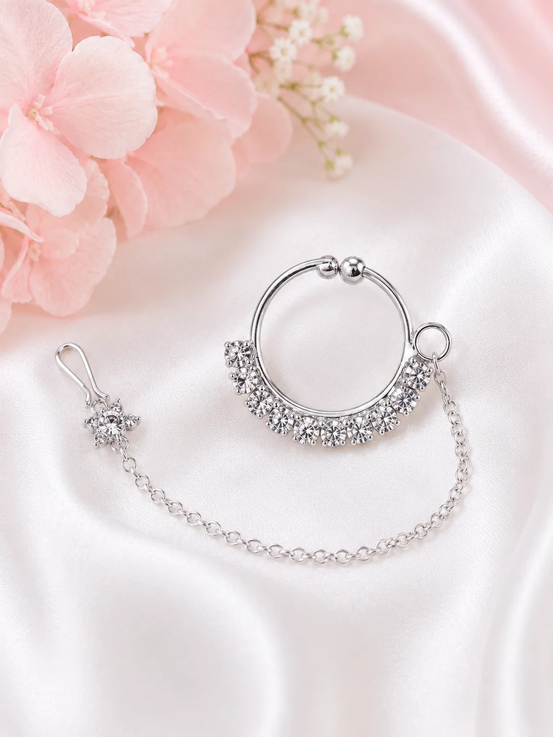 Silver Bridal Nath with Sahara Chain – Crystal Nose Ring Jewellery