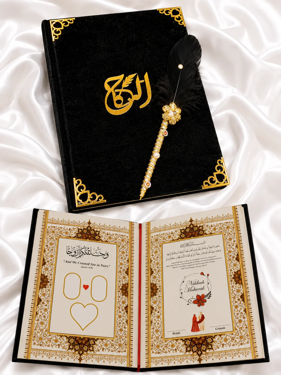 Luxury Black & Golden Nikkah Book with Pencil – Elegant Wedding Keepsake