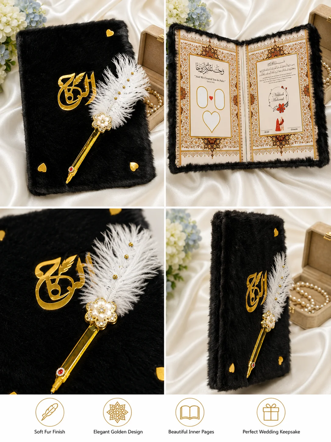 Luxury Black Fur Nikkah Book with Pencil – Golden Wedding Keepsake