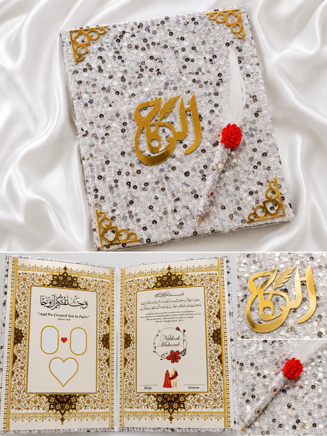 Luxury Silver Sequin Nikkah Book with Pencil – Golden Wedding Keepsake