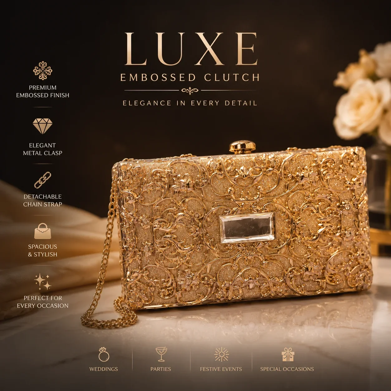 Luxury Gold Embossed Evening Clutch Bag for Women – Wedding & Party Handbag