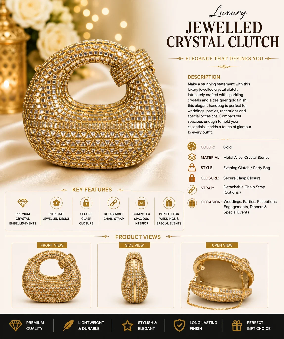 Luxury Gold Crystal Ring Clutch Bag