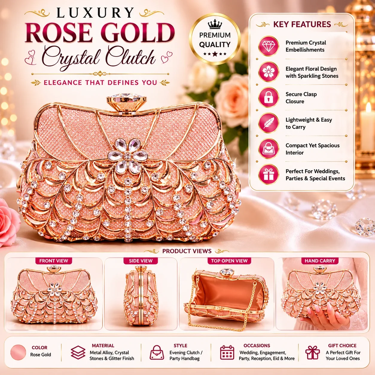 Luxury Rose Gold Crystal Evening Clutch