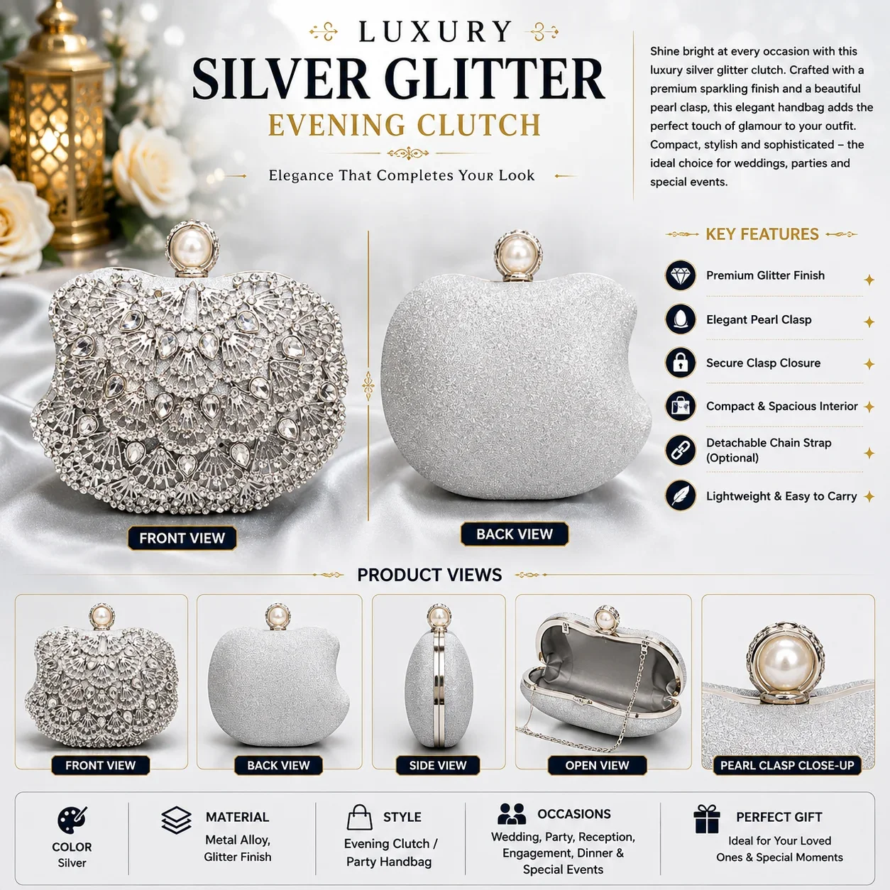 Luxury Silver Crystal Pearl Clutch Bag