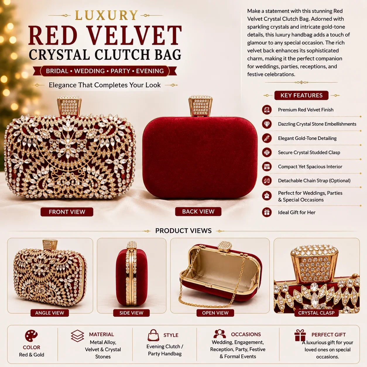 Luxury Red Velvet Crystal Clutch Bag