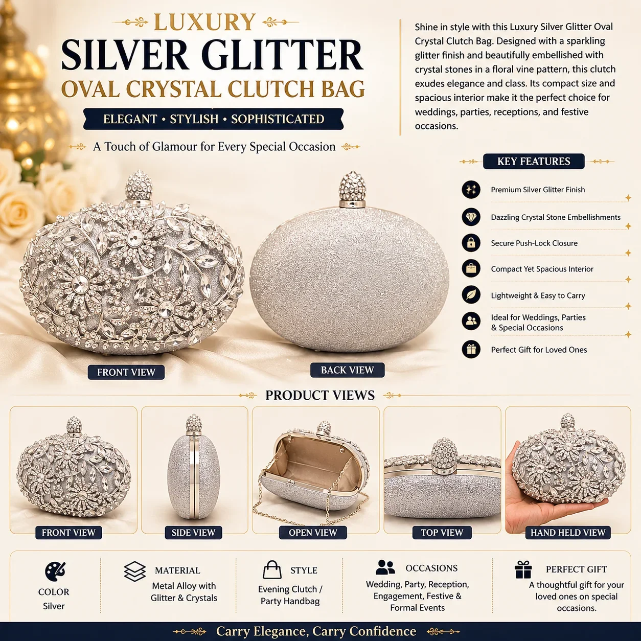 Luxury Silver Crystal Floral Clutch Bag
