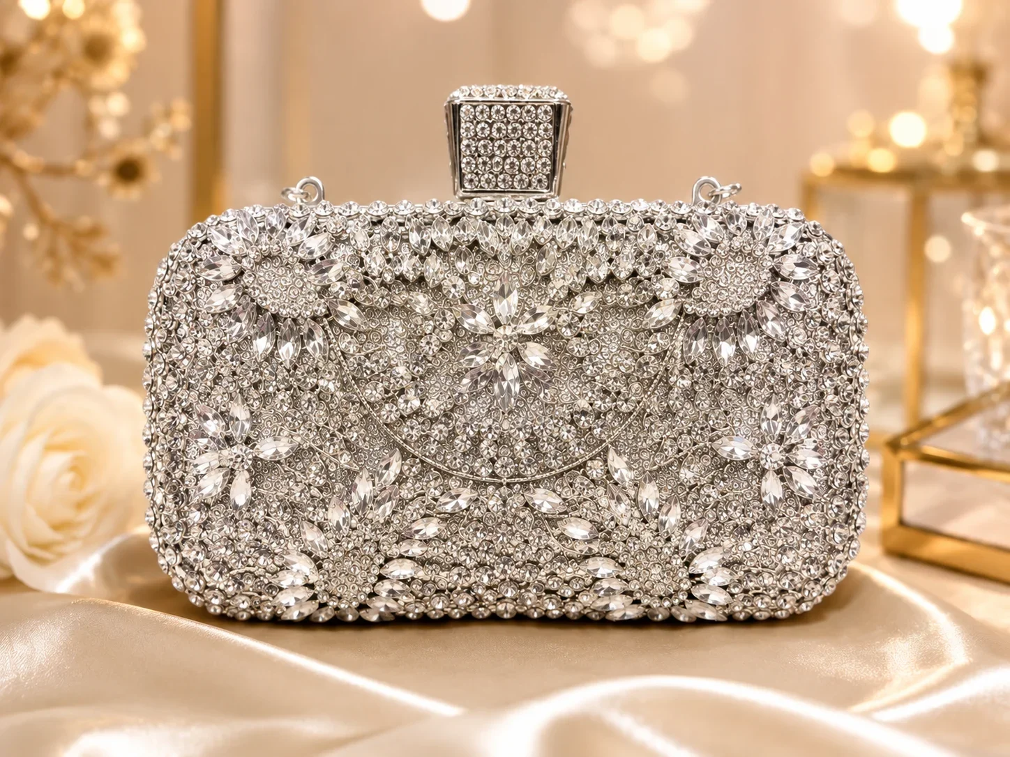 Luxury Silver Crystal Rhinestone Evening Clutch Bag for Women