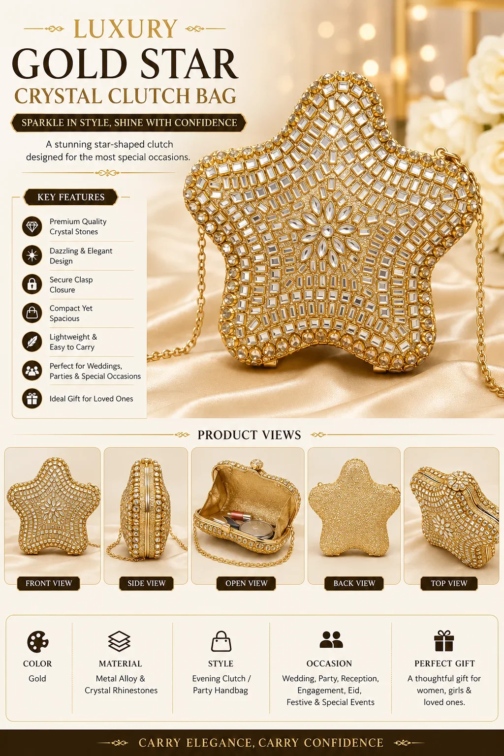 Luxury Gold Star Crystal Clutch Bag for Women