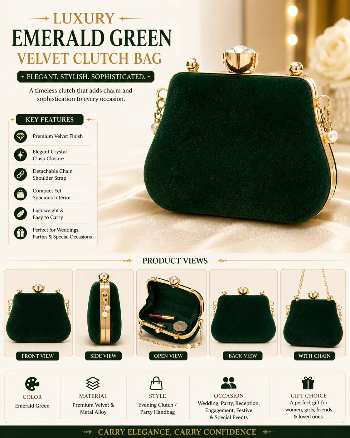 Luxury Emerald Green Velvet Evening Clutch Bag for Women