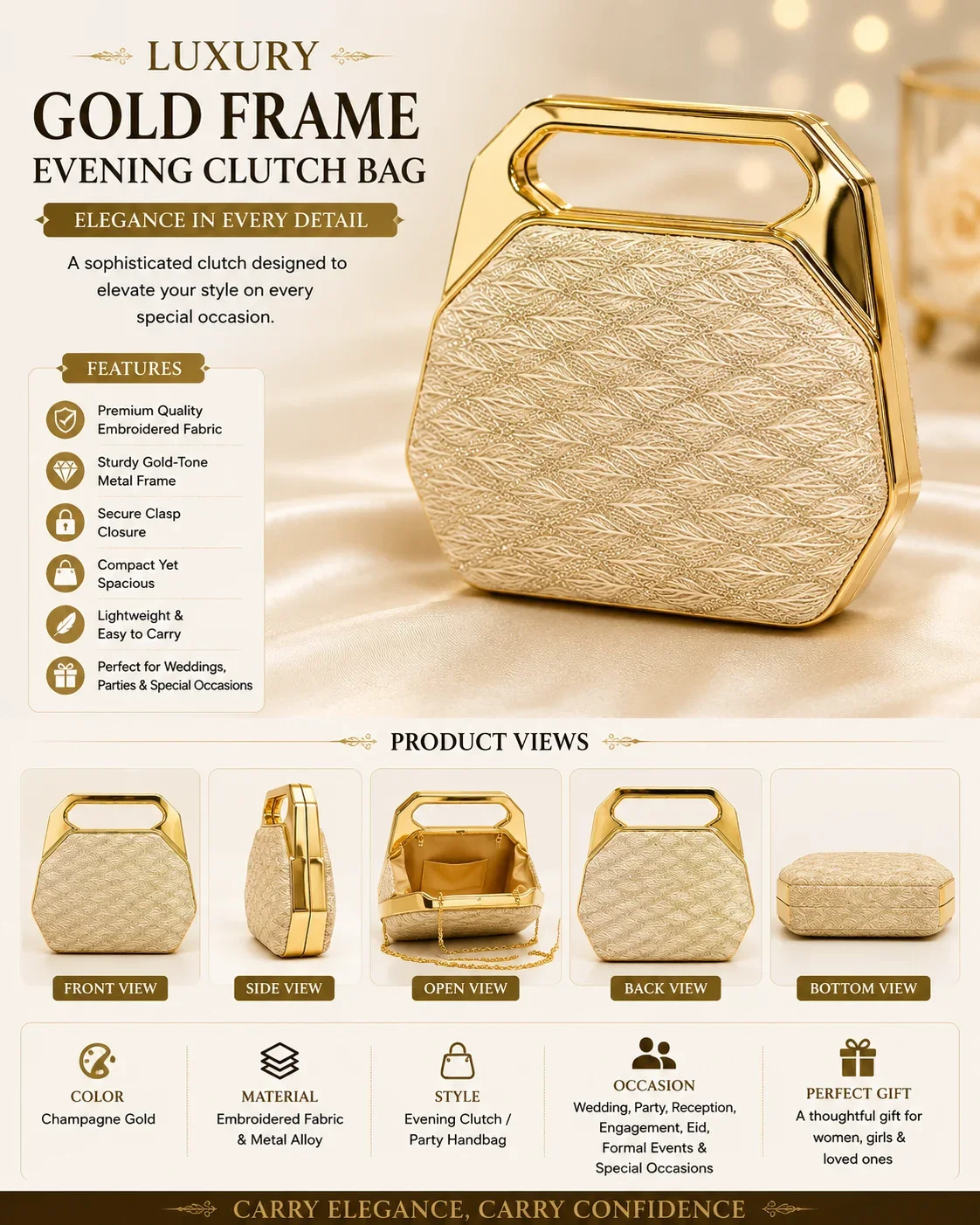 Luxury Gold Frame Embroidered Evening Clutch Bag for Women