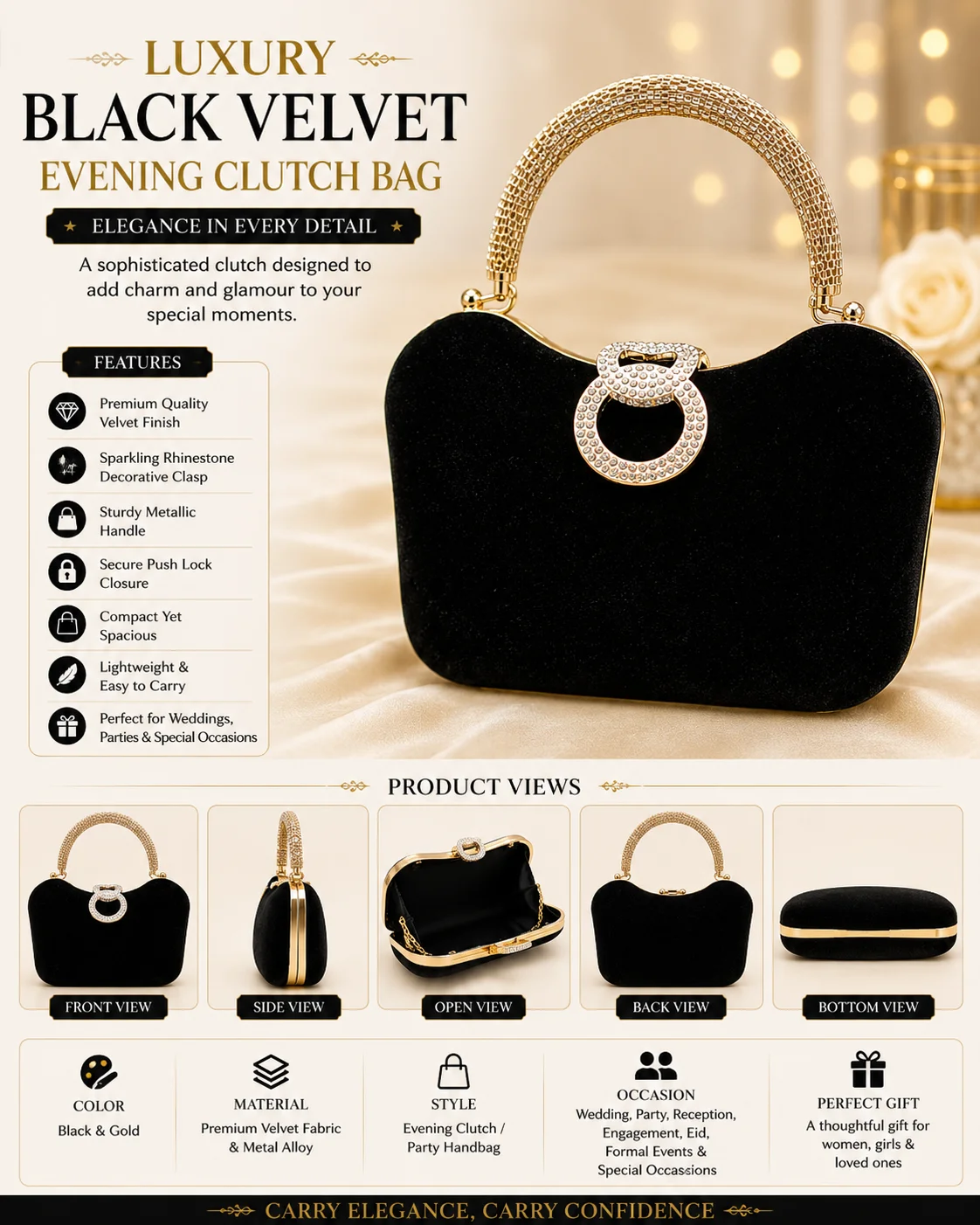Luxury Black Velvet Evening Clutch Bag with Crystal Ring Handle
