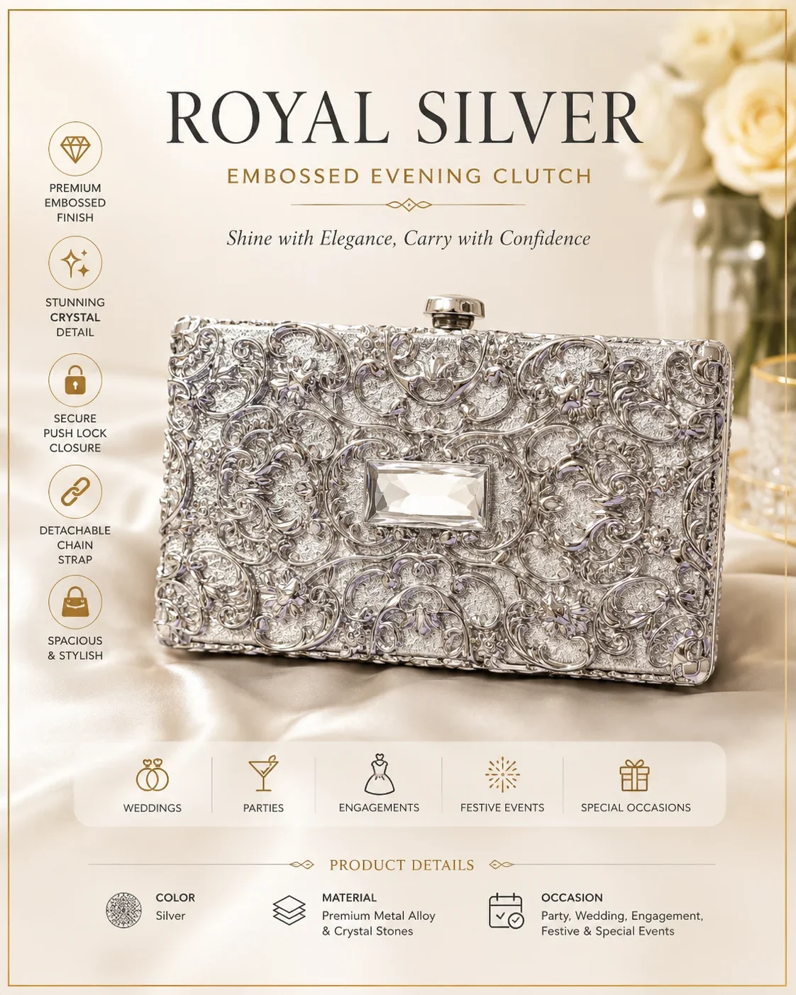 Royal Silver Embossed Crystal Evening Clutch Bag for Women
