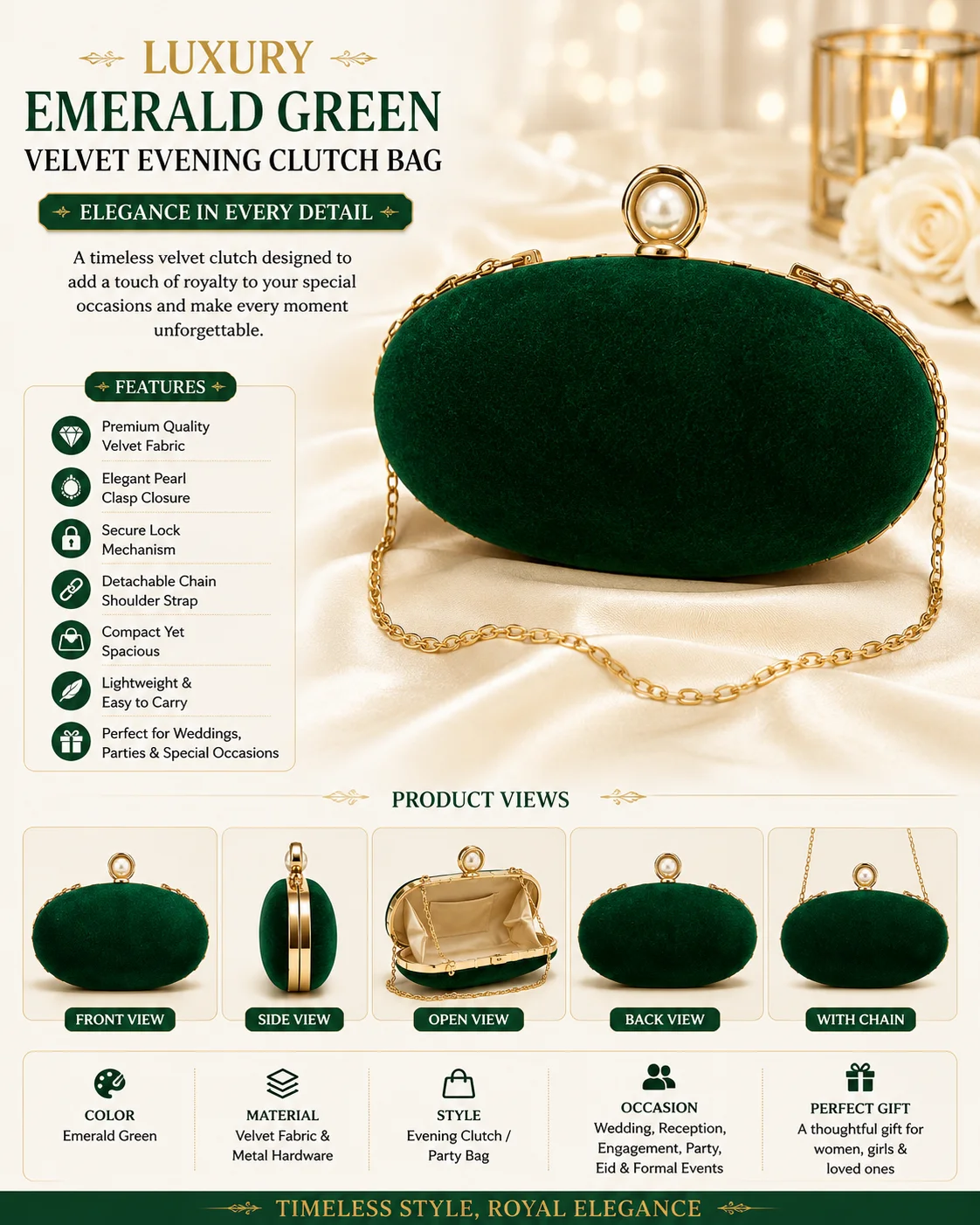 Luxury Emerald Green Velvet Evening Clutch Bag for Women