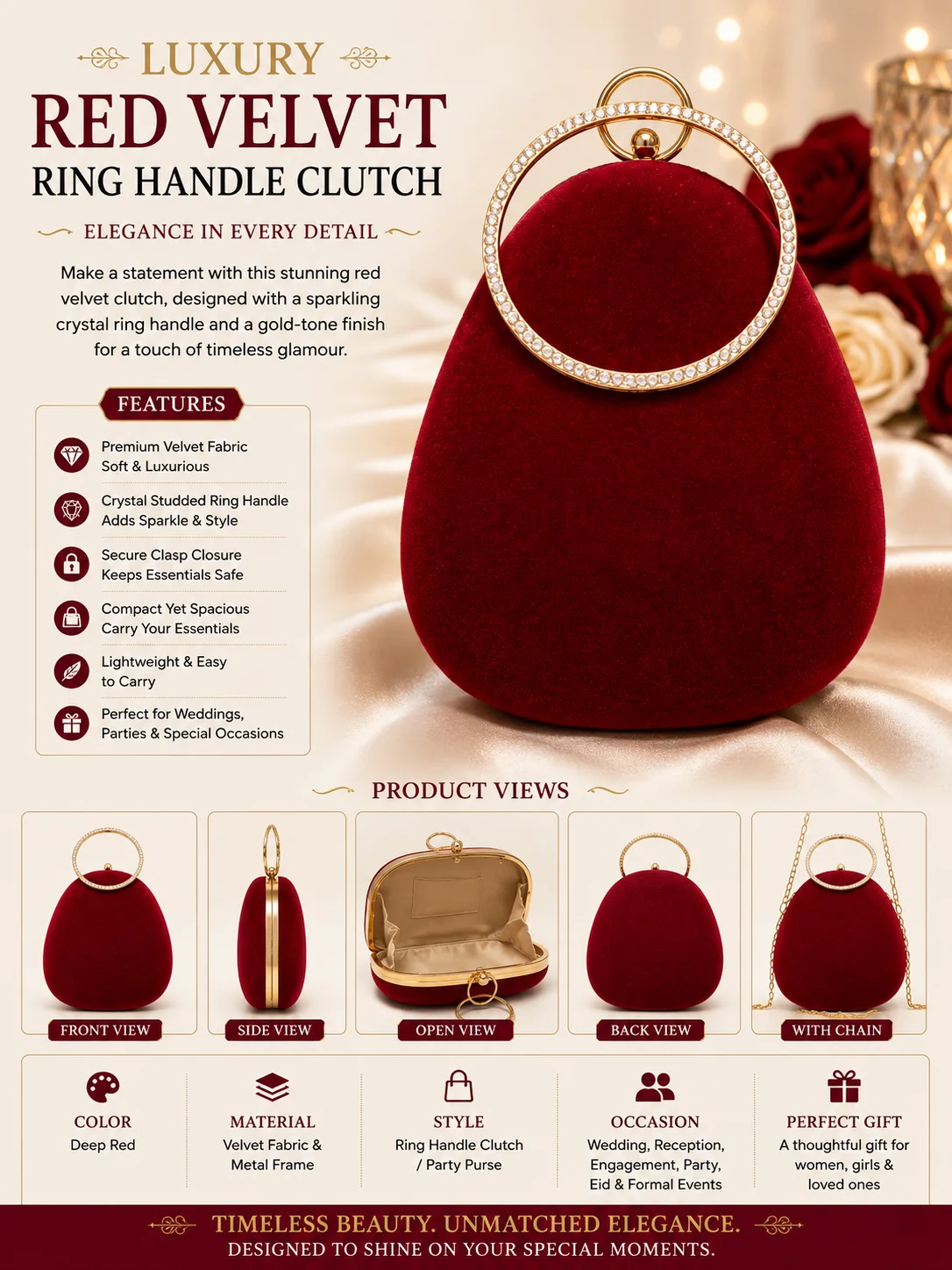 Luxury Red Velvet Round Clutch Bag with Crystal Handle