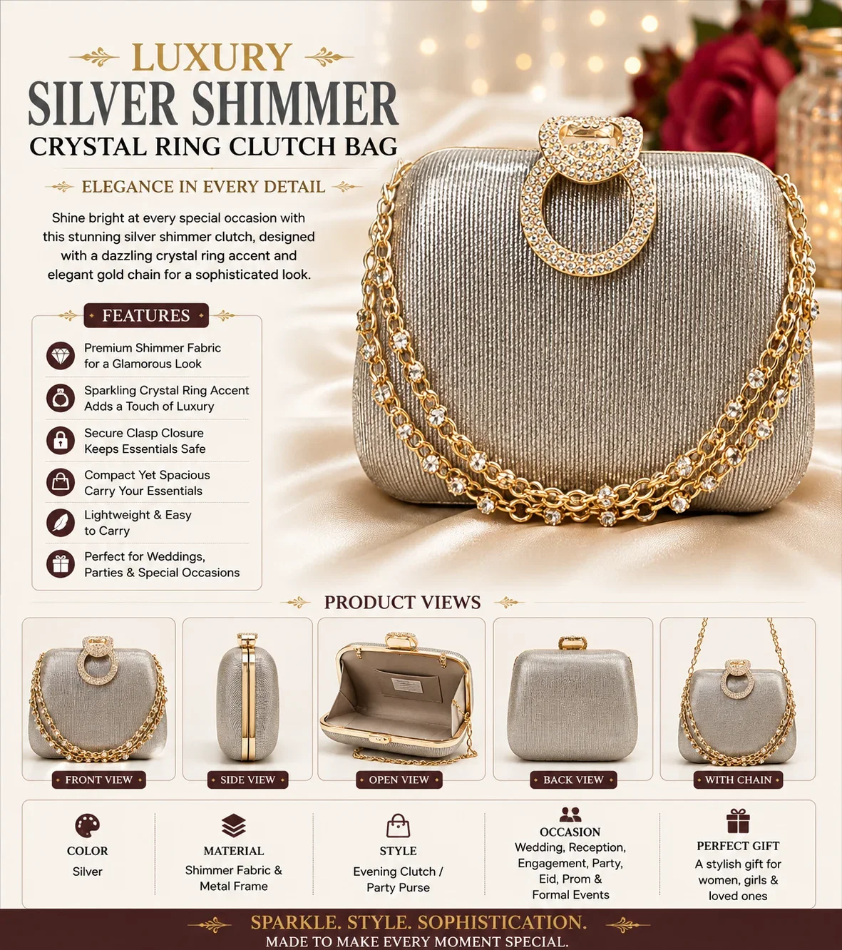 Luxury Silver Crystal Ring Clutch Bag for Women
