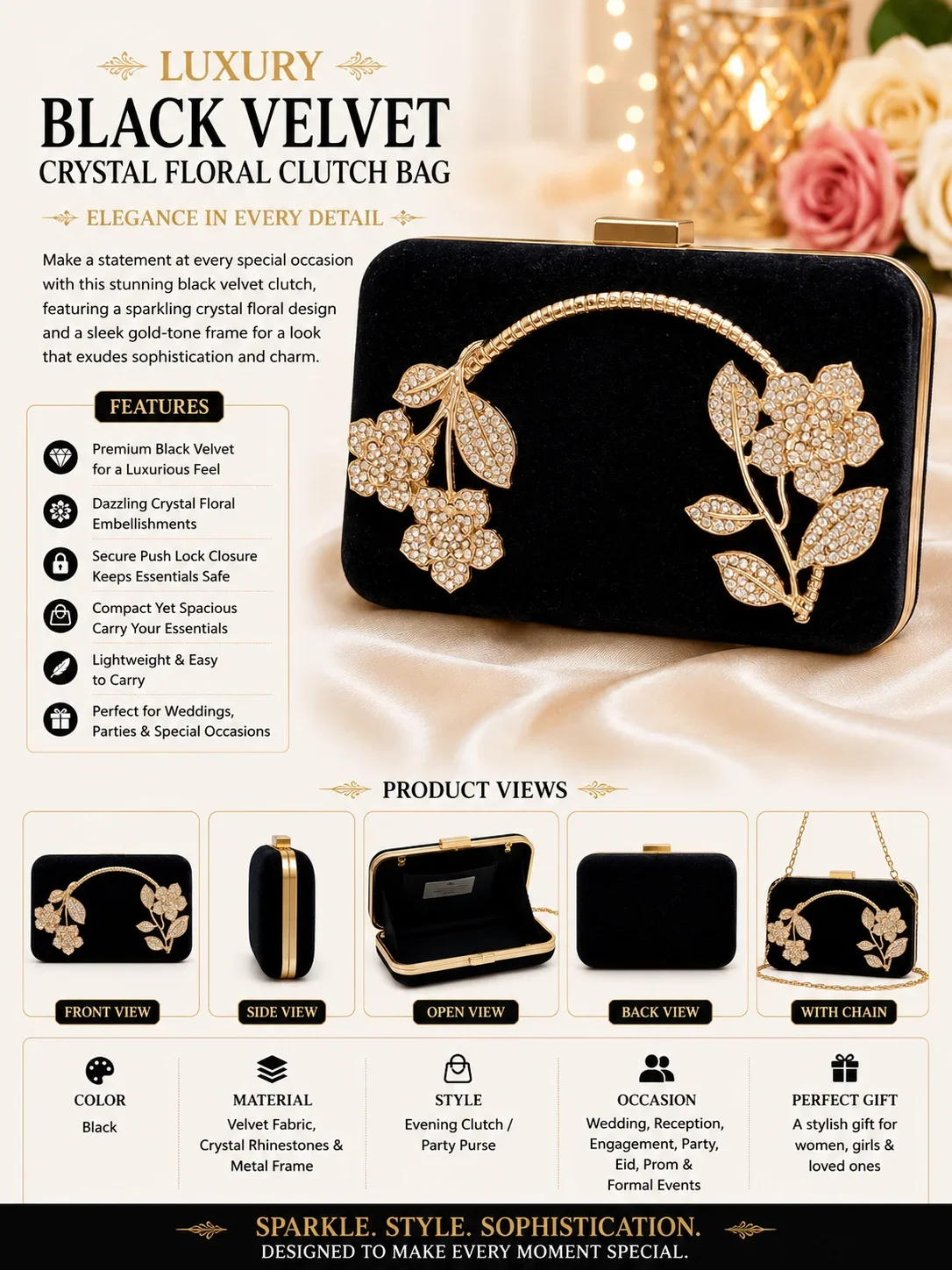 Luxury Black Velvet Crystal Floral Clutch Bag