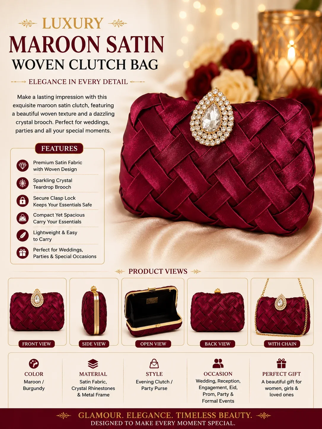 Luxury Maroon Satin Woven Clutch Bag with Crystal Brooch