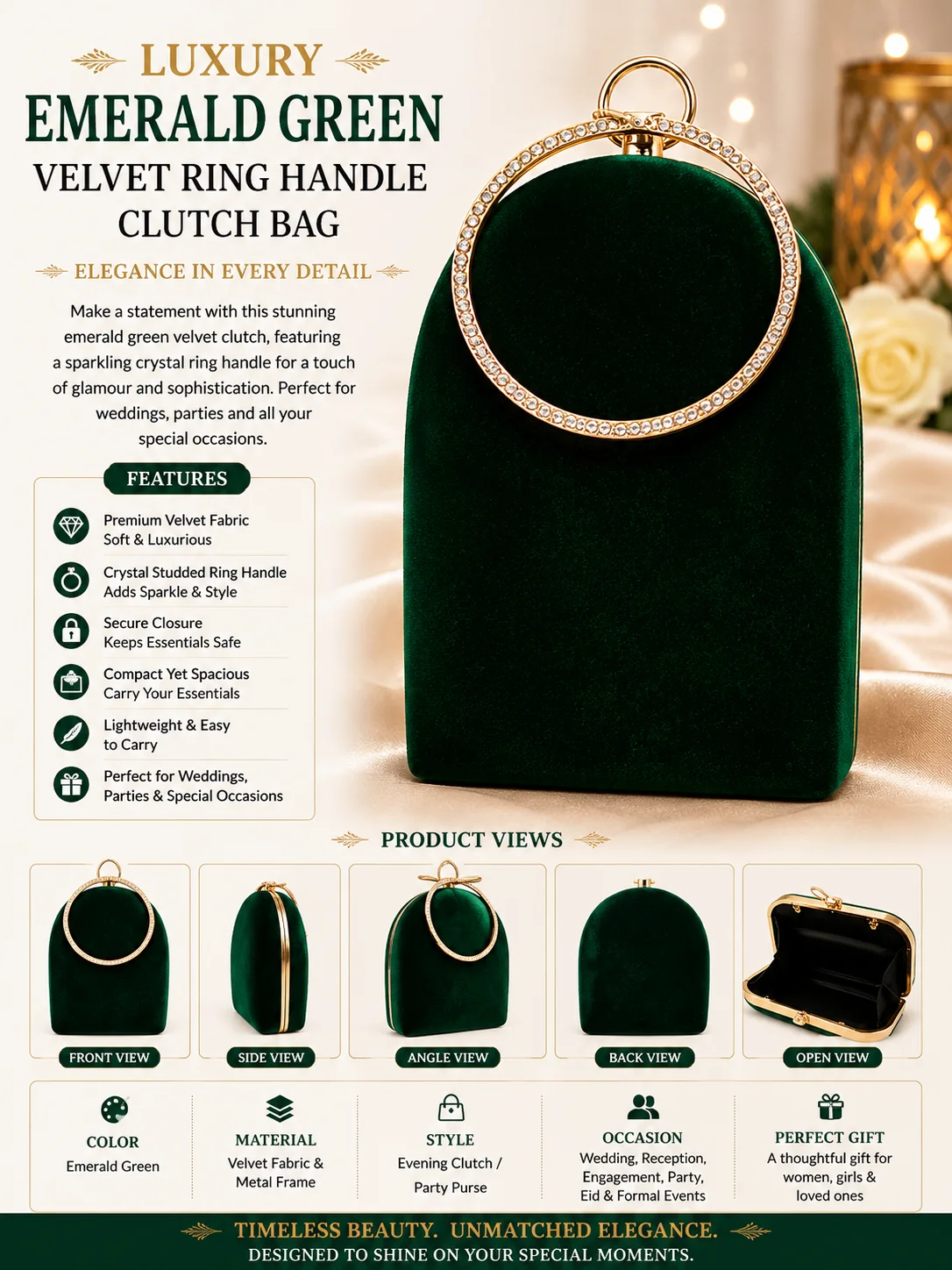 Luxury Emerald Green Velvet Ring Handle Clutch Bag