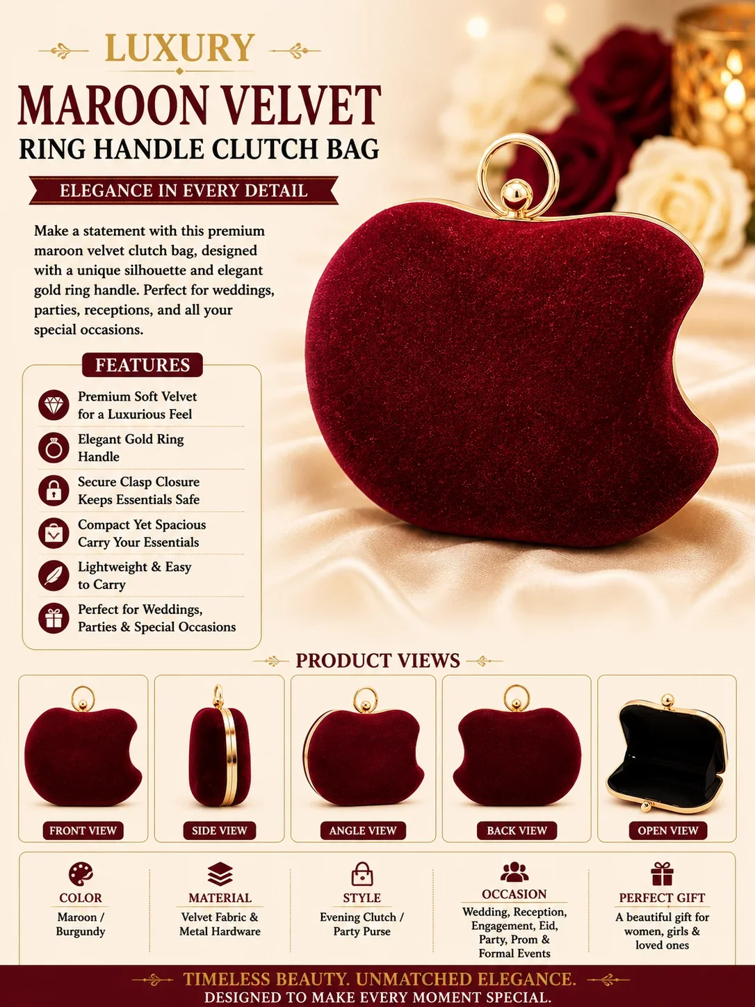 Elegant Maroon Velvet Clutch Bag with Gold Ring Handle