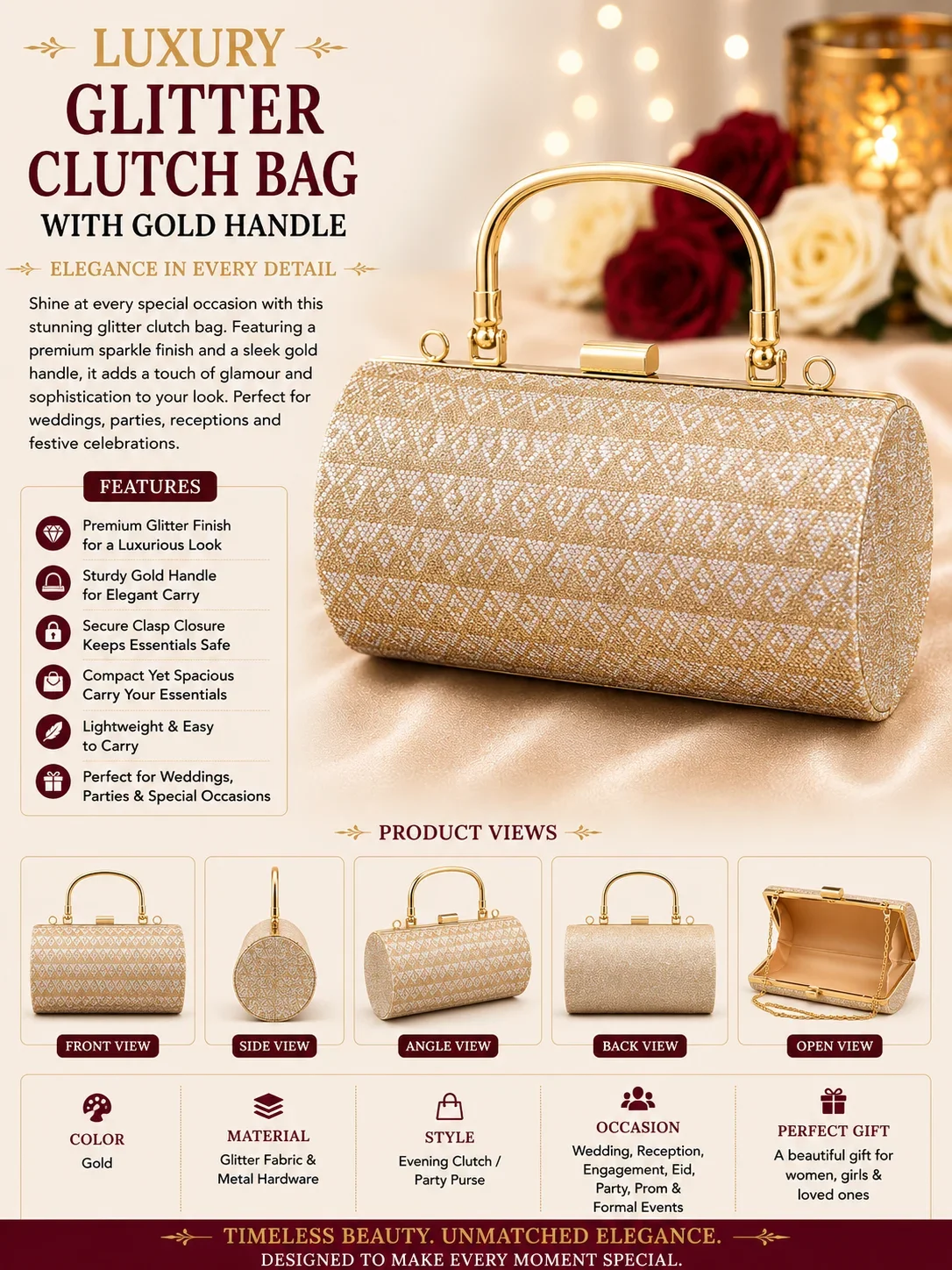 Luxury Gold Glitter Cylinder Clutch Bag with Metal Handle