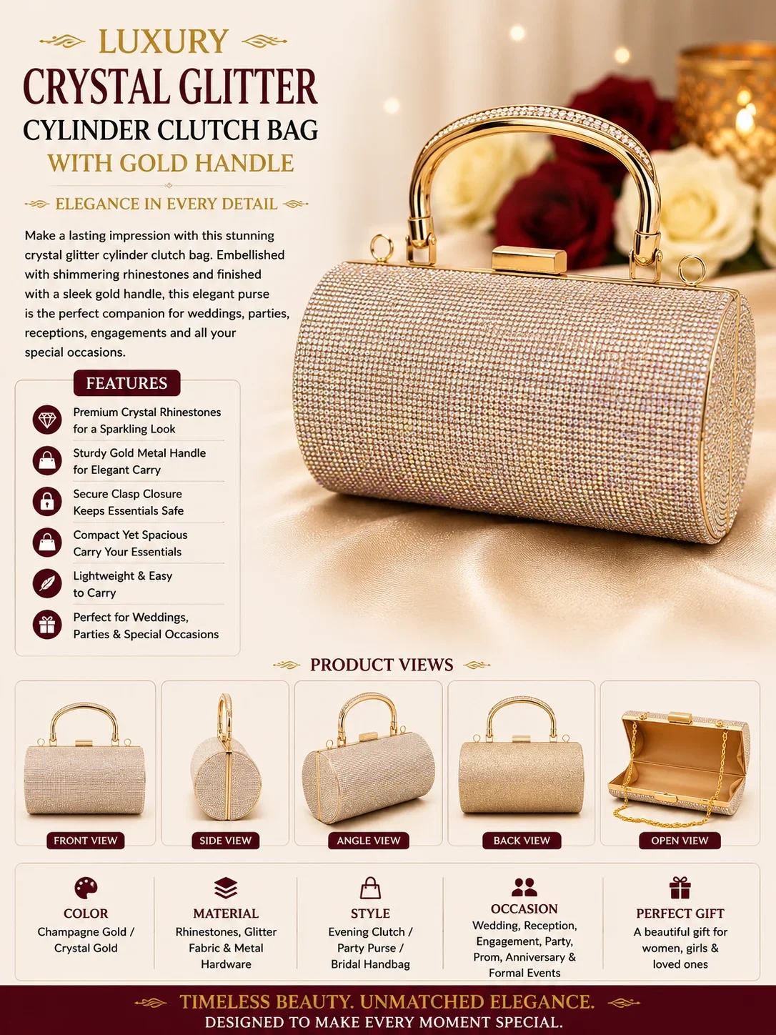 Luxury Crystal Glitter Cylinder Clutch Bag with Gold Handle