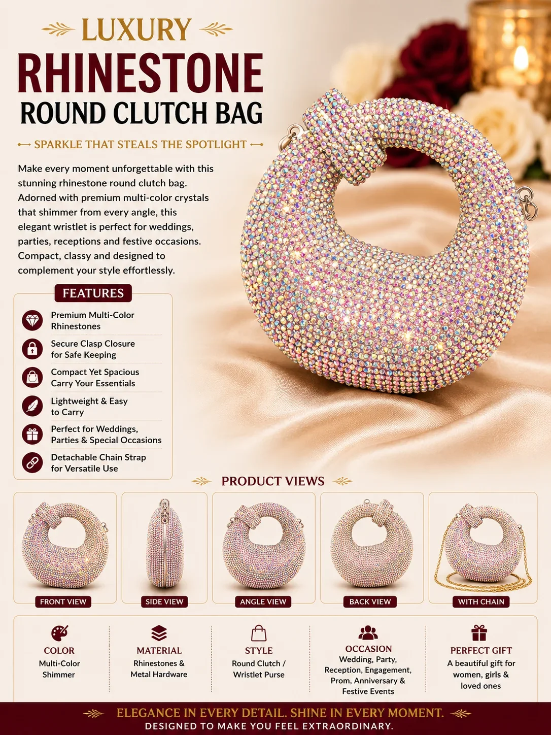 Luxury Crystal Rhinestone Round Clutch Bag for Women