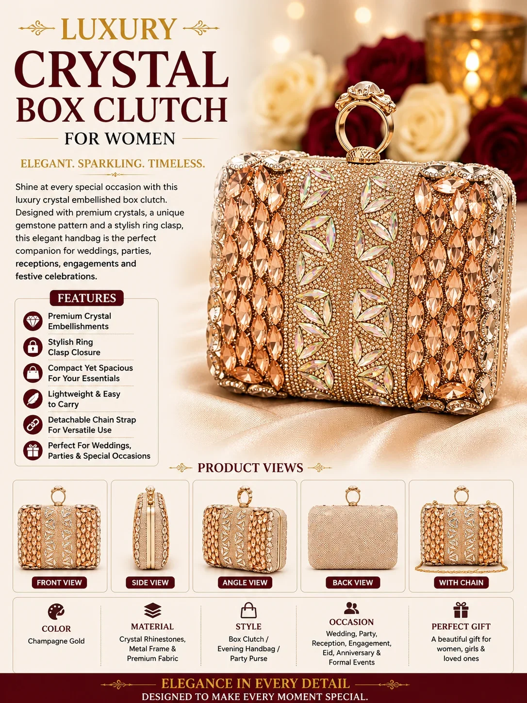 Luxury Crystal Embellished Box Clutch for Women