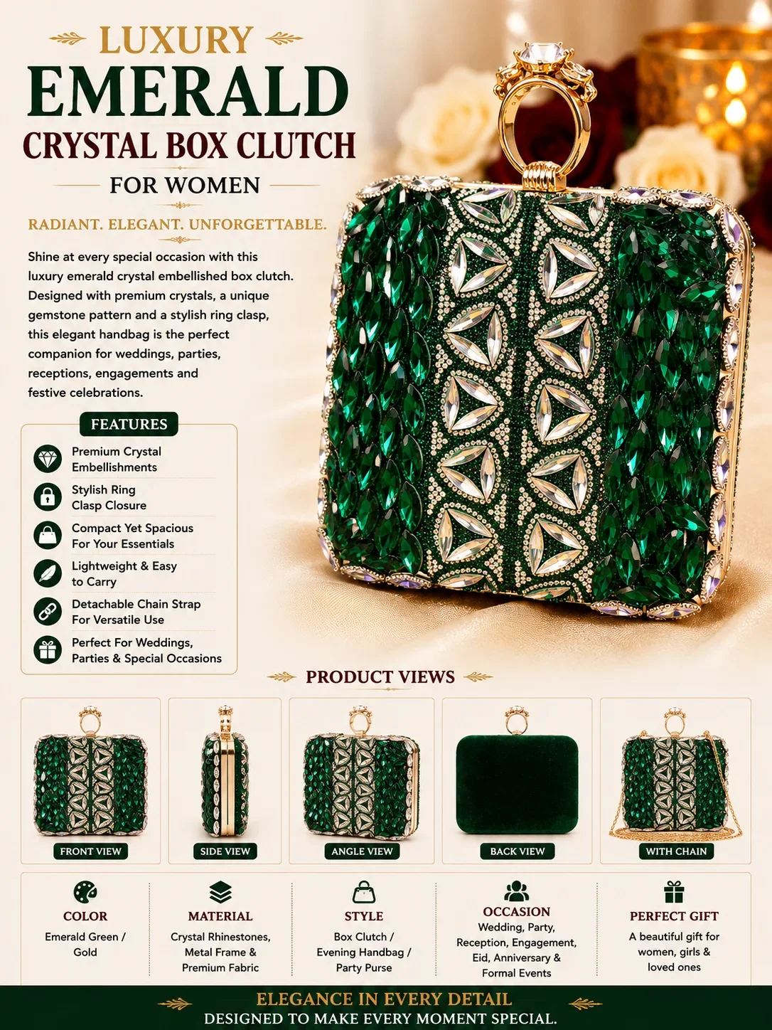 Luxury Emerald Green Crystal Box Clutch Bag for Women