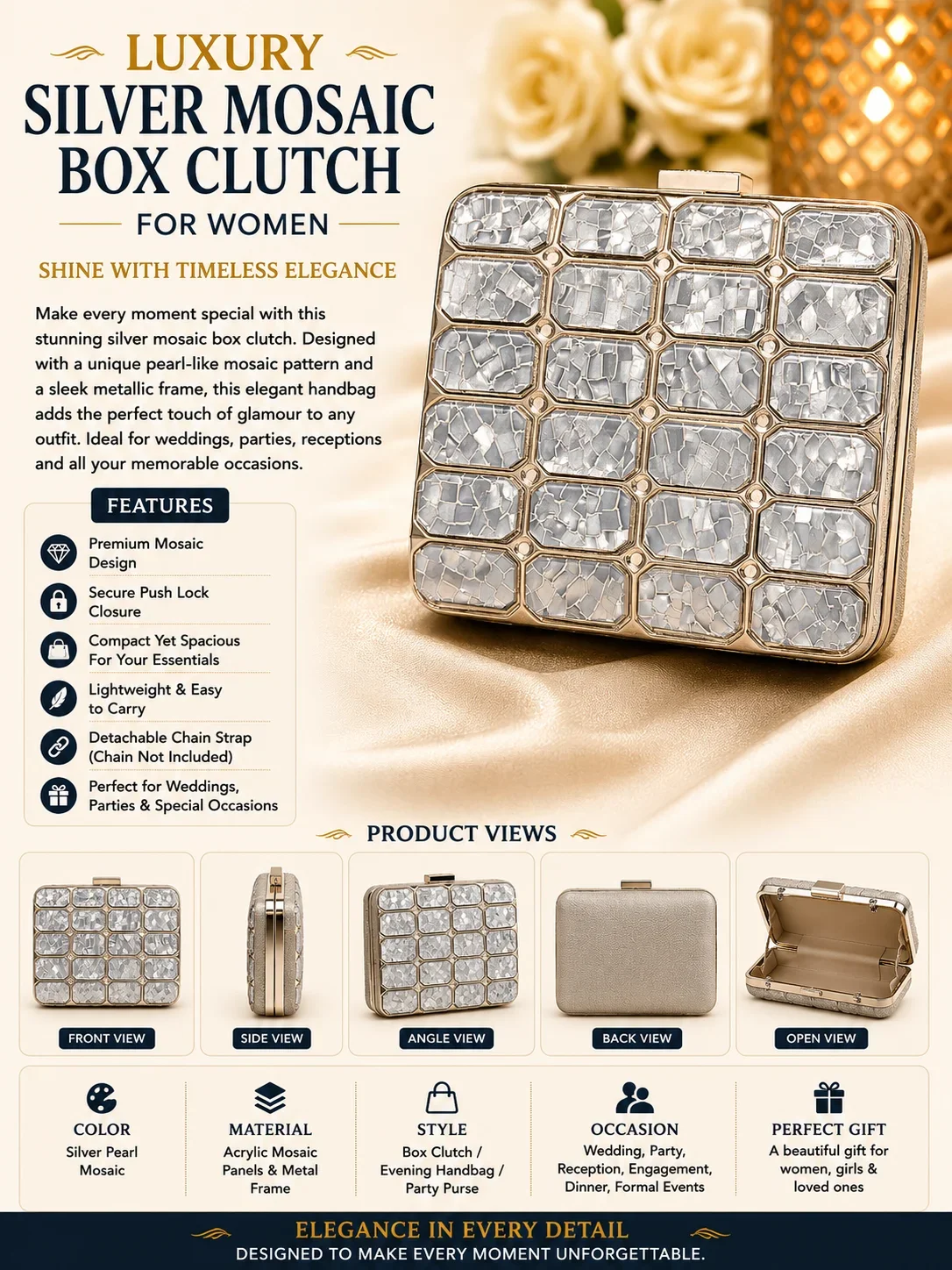 Luxury Silver Mosaic Box Clutch for Women