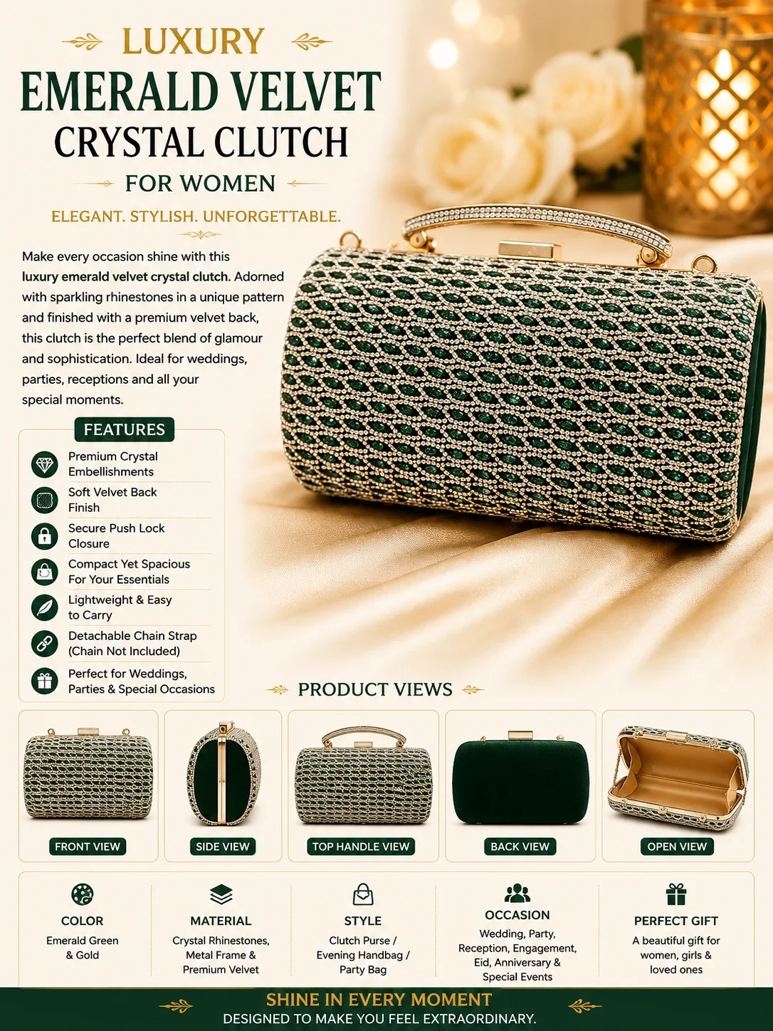 Luxury Emerald Green Crystal Evening Clutch Bag for Women