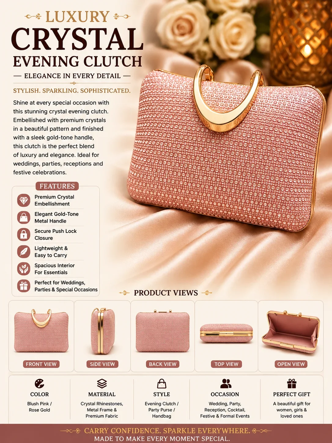 Luxury Blush Pink Crystal Clutch Bag – Elegant Party & Bridal Handbag
