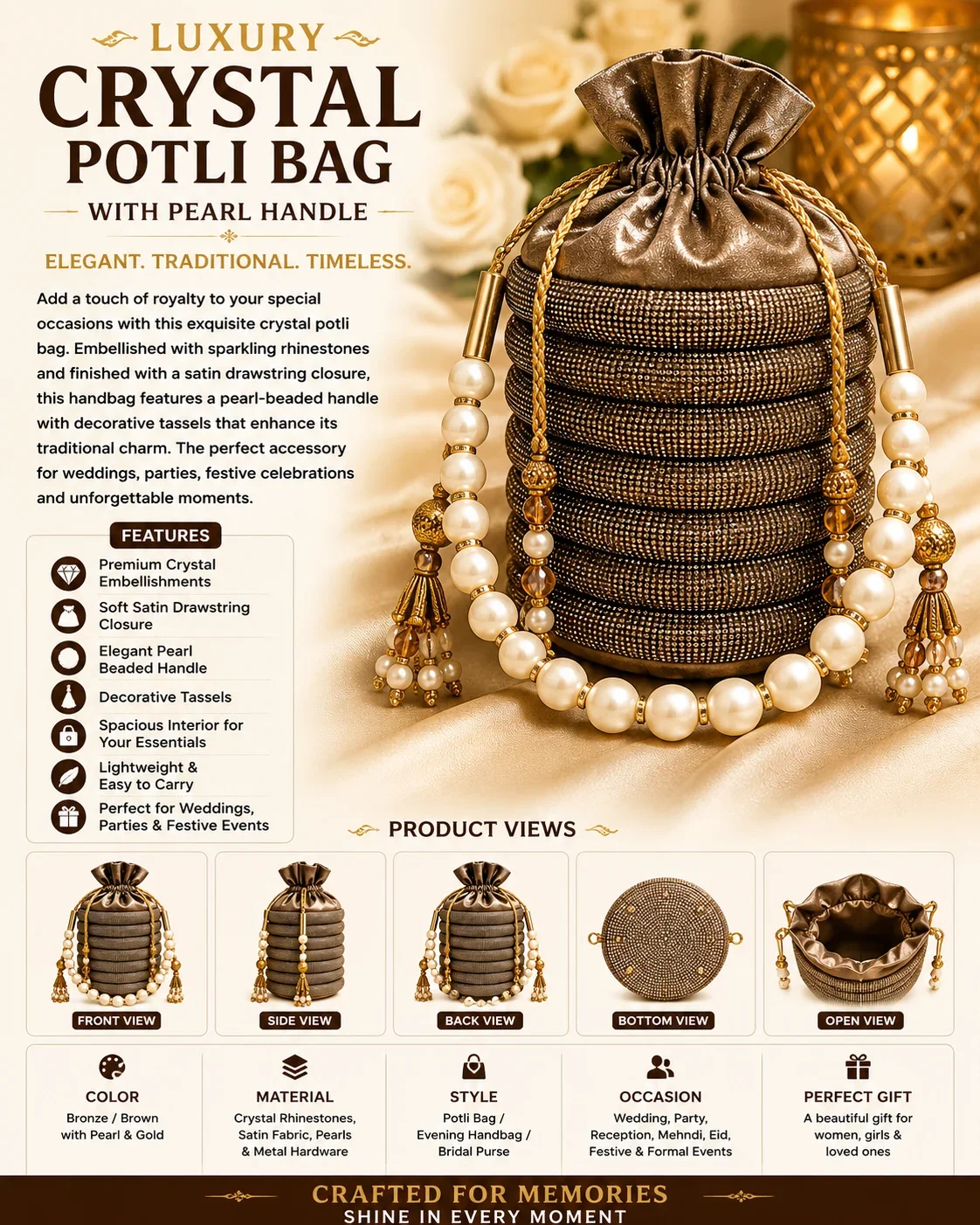 Luxury Crystal Potli Bag with Pearl Handle