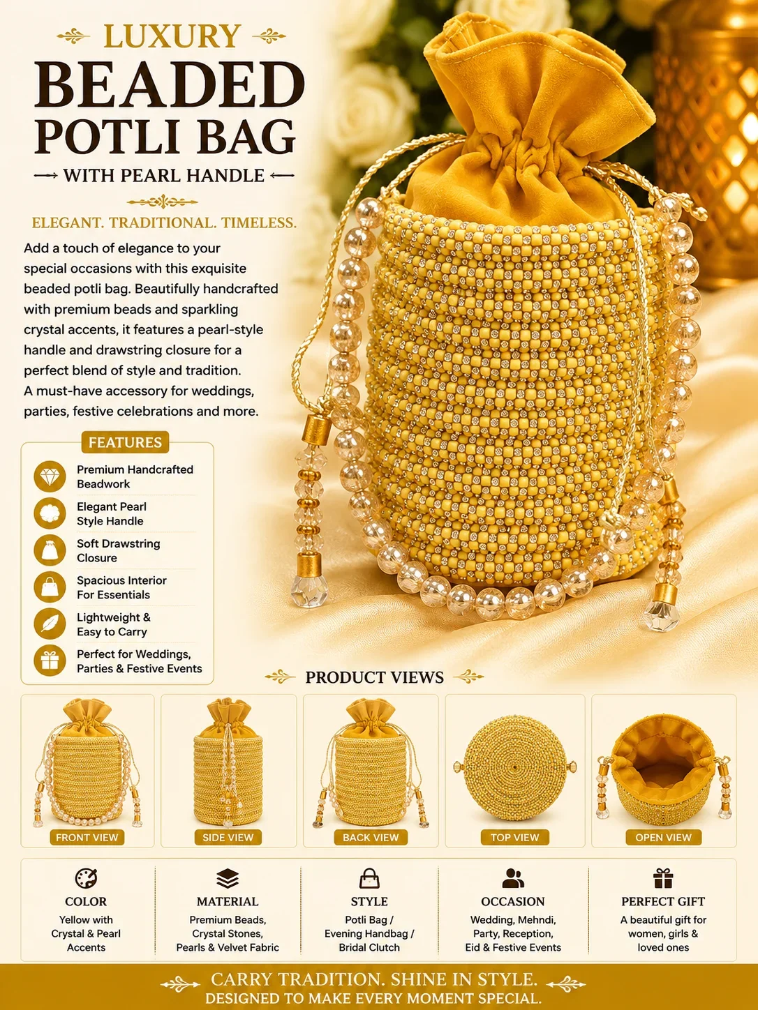 Luxury Yellow Beaded Potli Bag with Pearl Handle – Bridal & Party Clutch