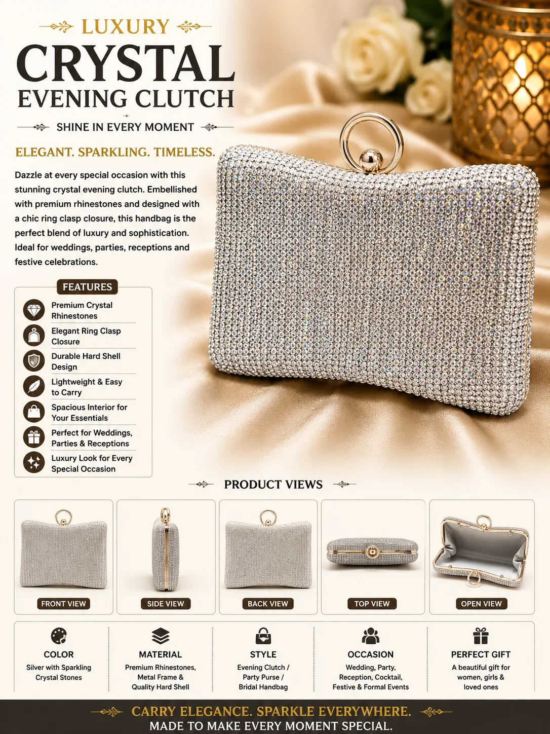 Luxury Silver Crystal Evening Clutch Bag