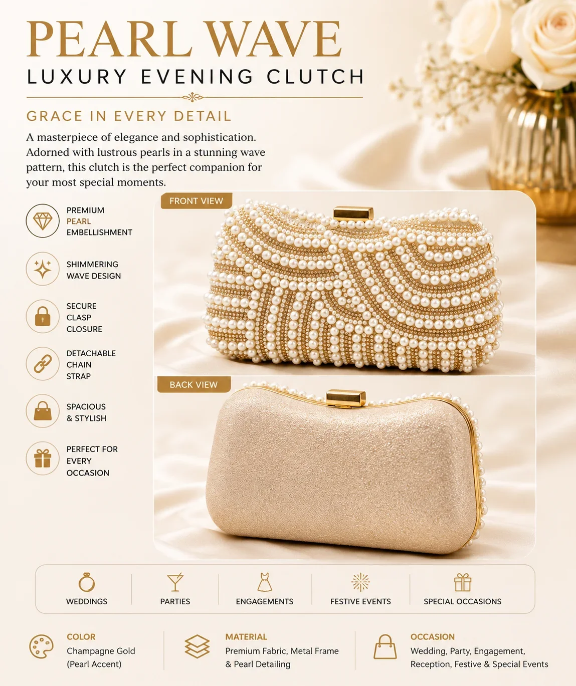 Luxury Pearl Wave Bridal Evening Clutch Bag for BRIDAL