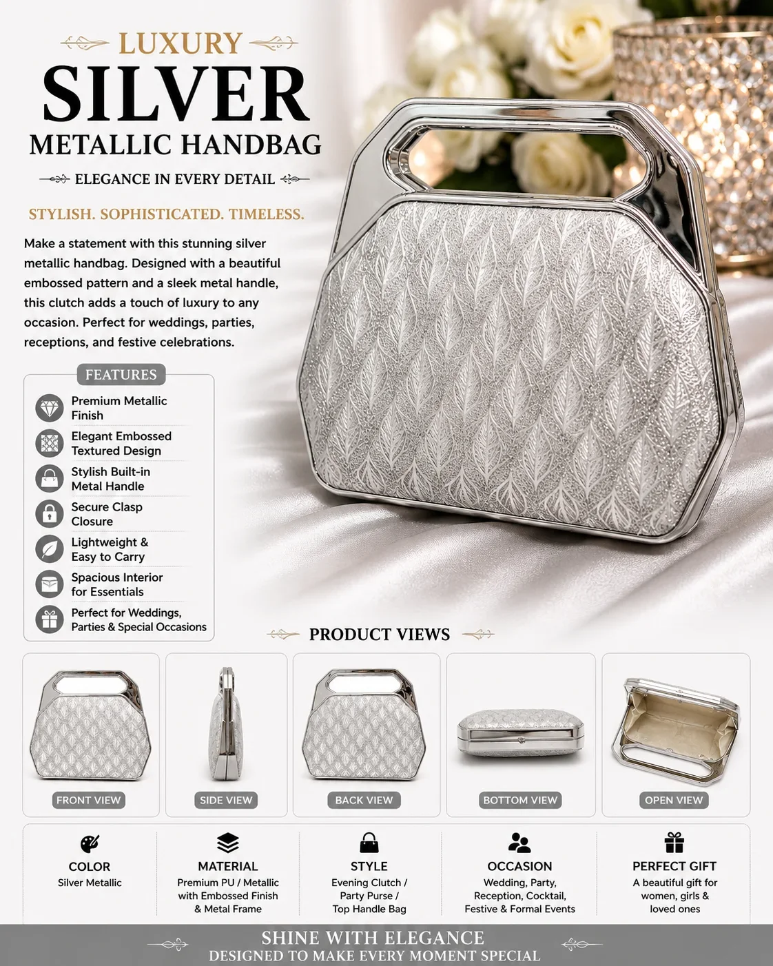 Luxury Silver Metallic Handbag – Elegant Party & Bridal Clutch Purse