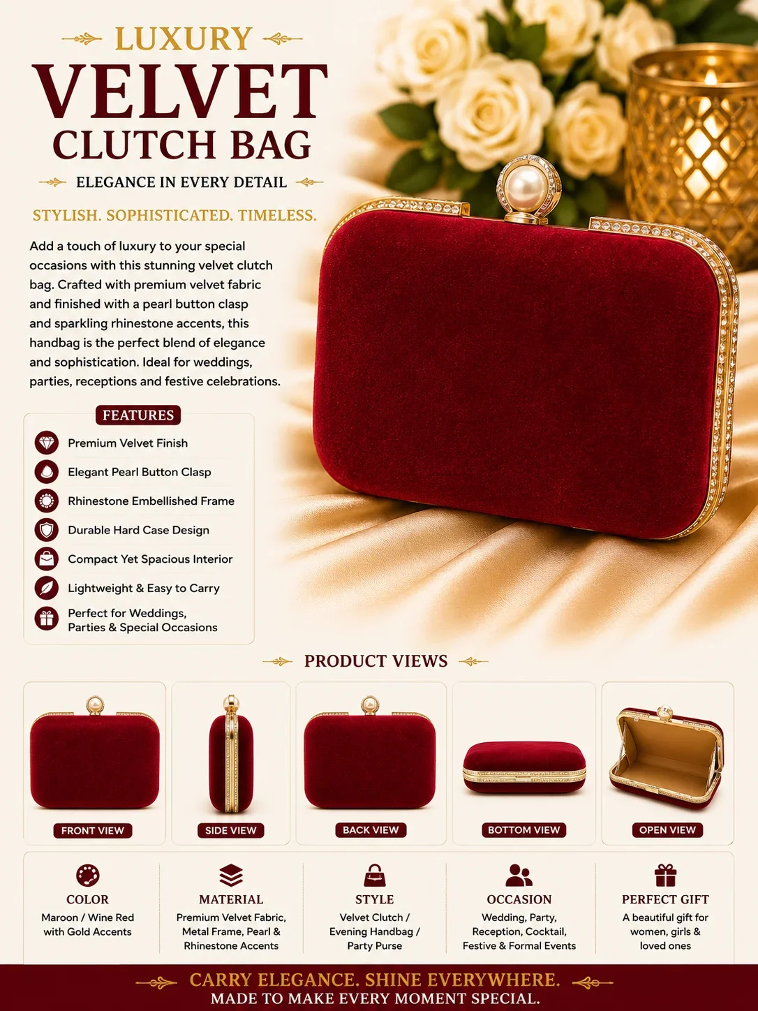 Luxury Maroon Velvet Clutch Bag with Pearl Clasp