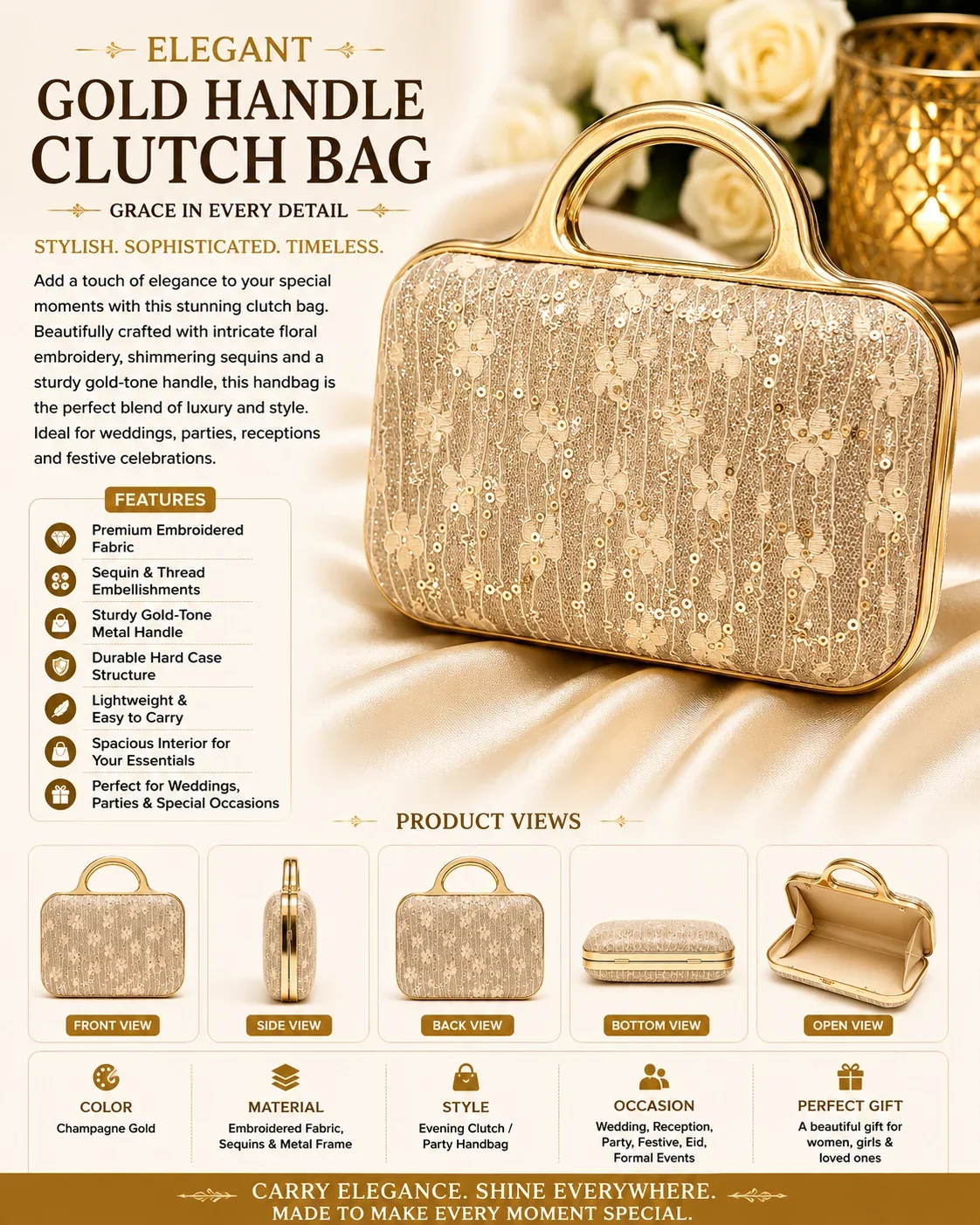 Elegant Gold Handle Embroidered Clutch Bag