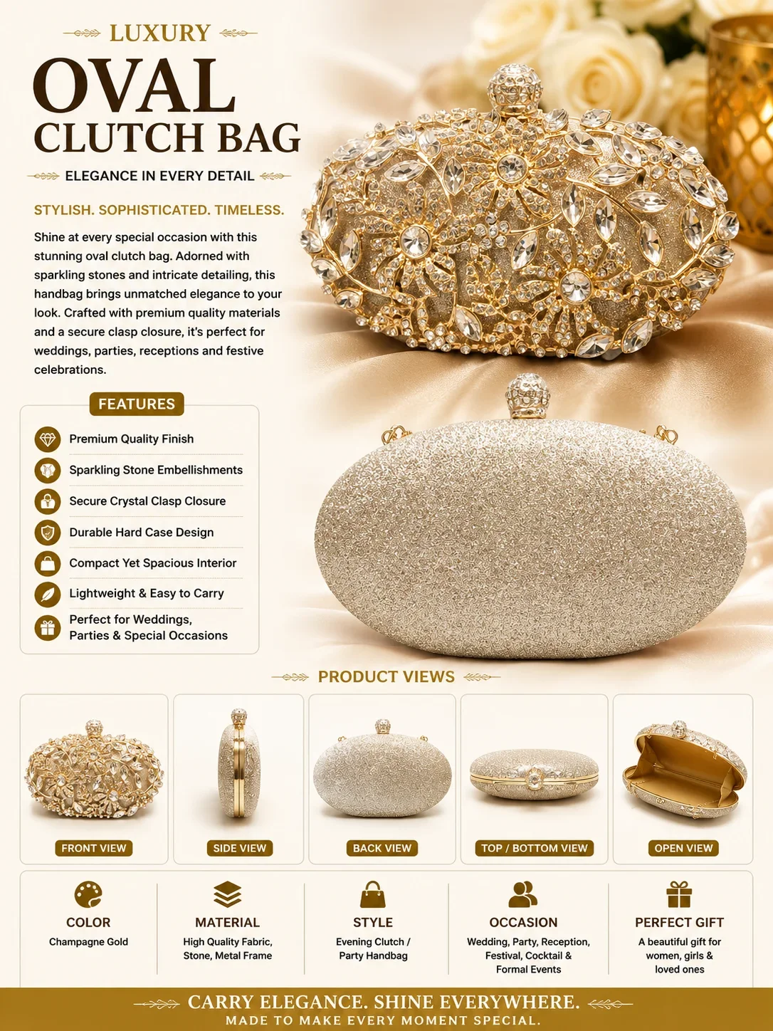 Luxury Champagne Gold Crystal Oval Clutch Bag for Women