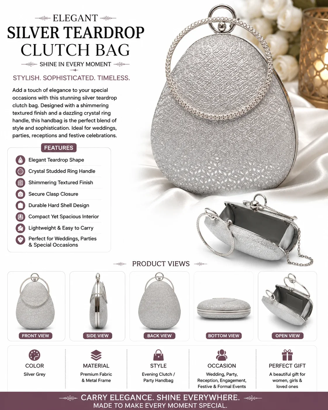 Elegant Silver Teardrop Clutch Bag with Crystal Ring Handle