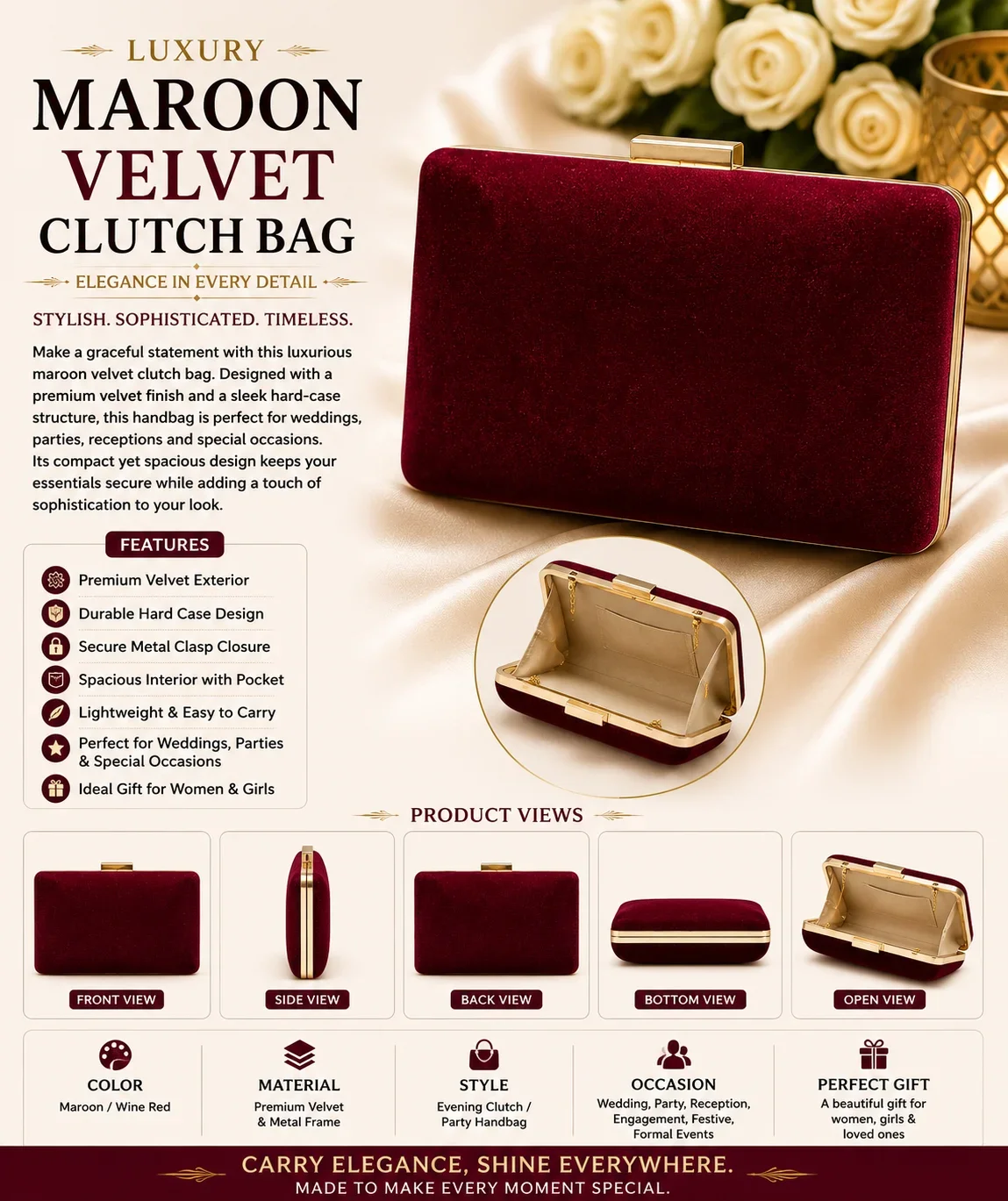 Luxury Maroon Velvet Clutch Bag for Women