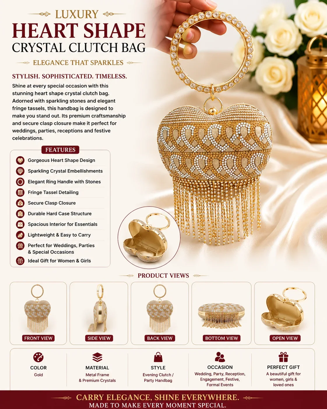 Luxury Heart Shape Crystal Tassel Clutch Bag for Women