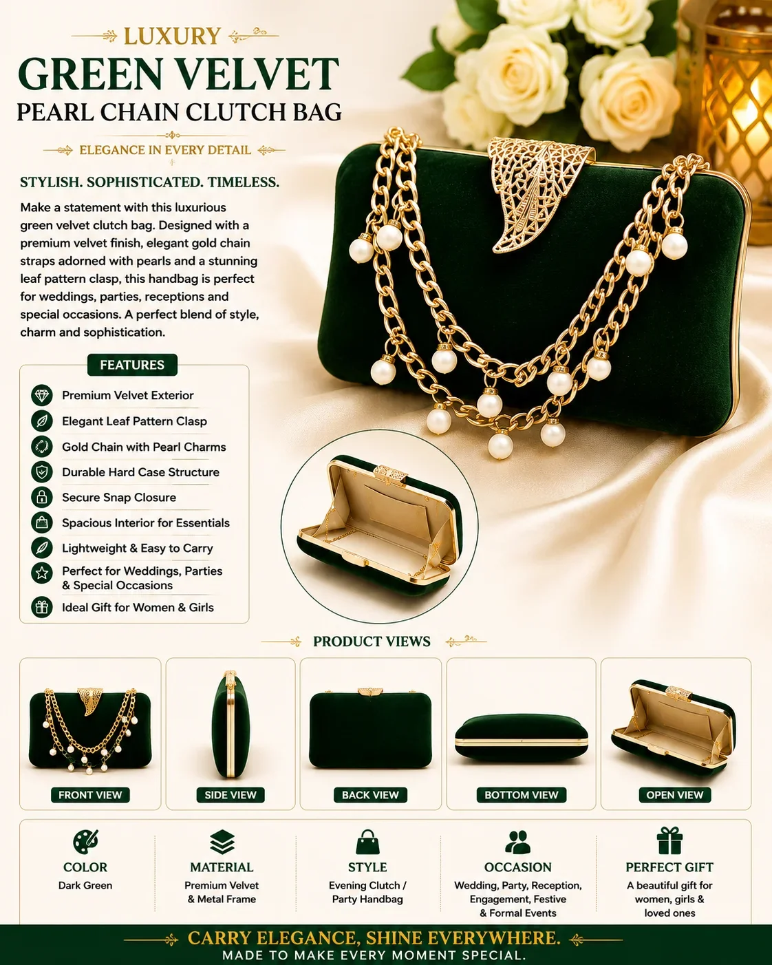 Luxury Green Velvet Pearl Chain Clutch Bag for Women