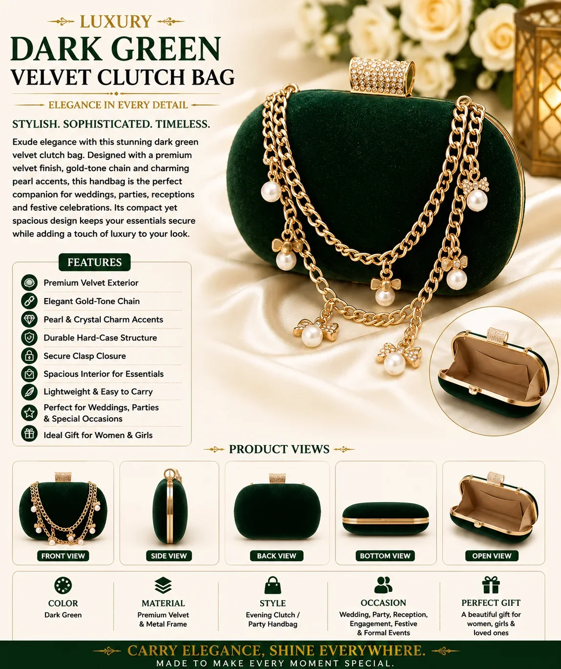 Luxury Dark Green Velvet Clutch Bag with Pearl Charm Chain