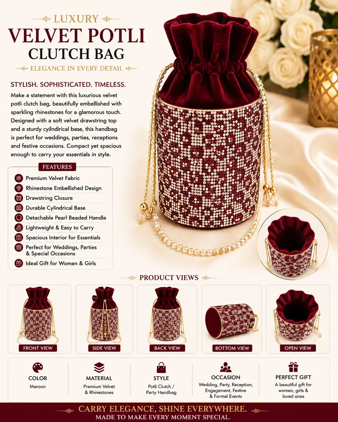 Luxury Maroon Velvet Potli Bag with Crystal Rhinestone