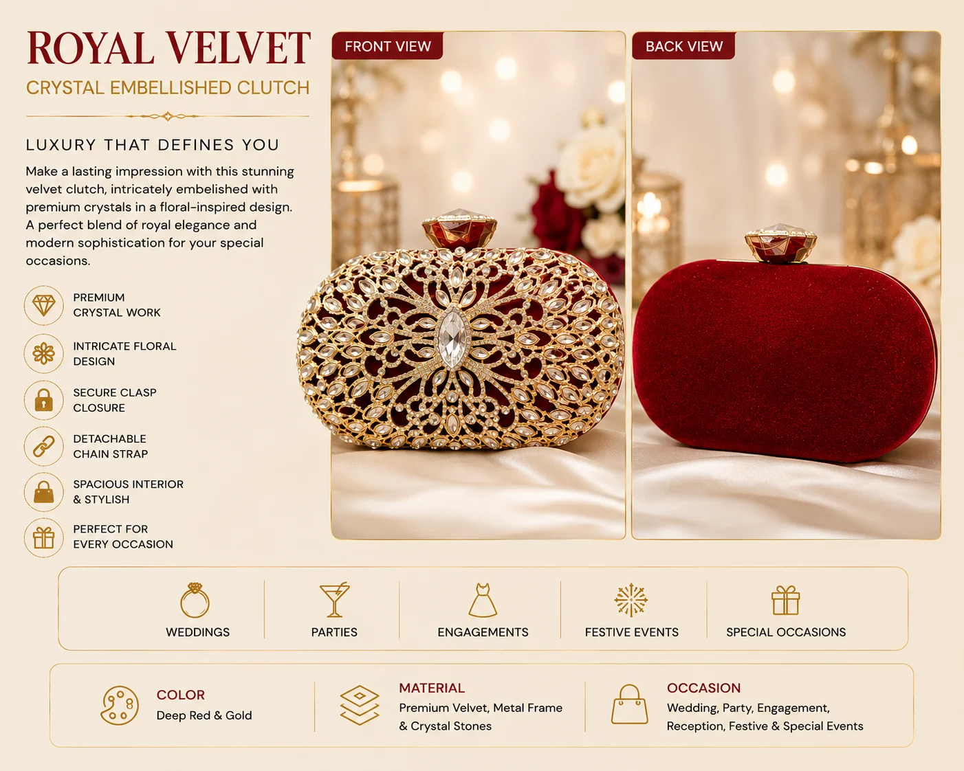 Royal Velvet Crystal Floral Clutch Bag – Luxury Red Evening Handbag for BRIDAL