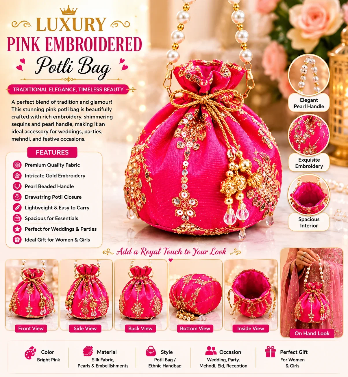 Luxury Embroidered Potli Bag for Women – Pink Bridal & Party Handbag with Pearl Handle