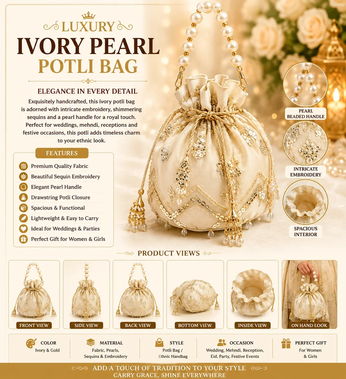 Luxury Ivory Pearl Handle Potli Bag – Embroidered Bridal & Party Handbag for Women