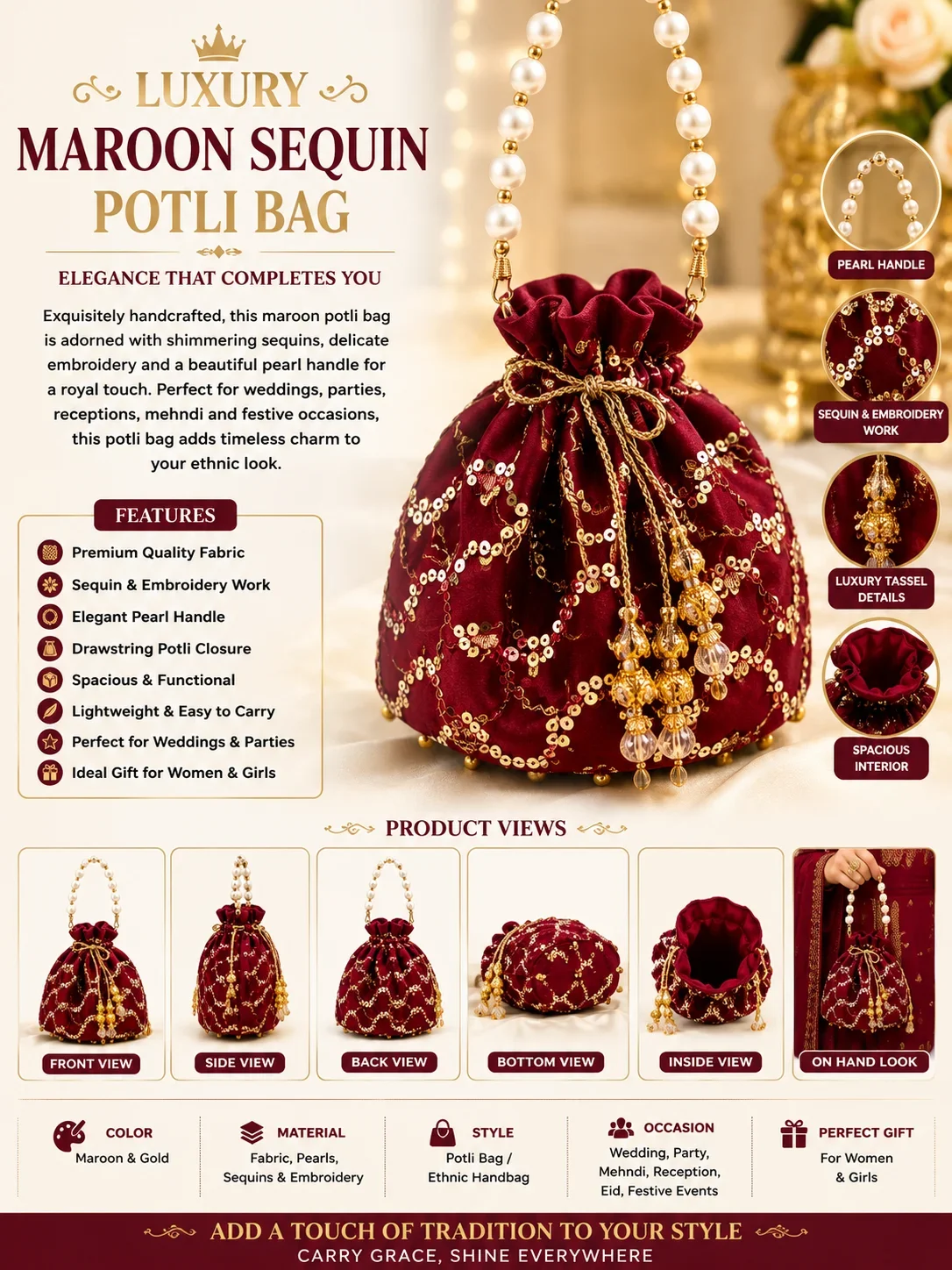Luxury Maroon Embroidered Potli Bag with Pearl Handle – Wedding & Party Clutch