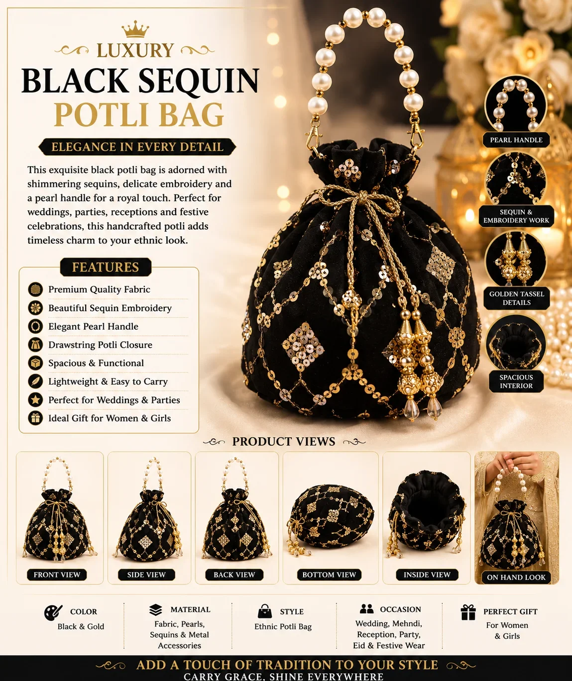 Elegant Black Sequin Potli Bag with Pearl Handle – Traditional Wedding Handbag